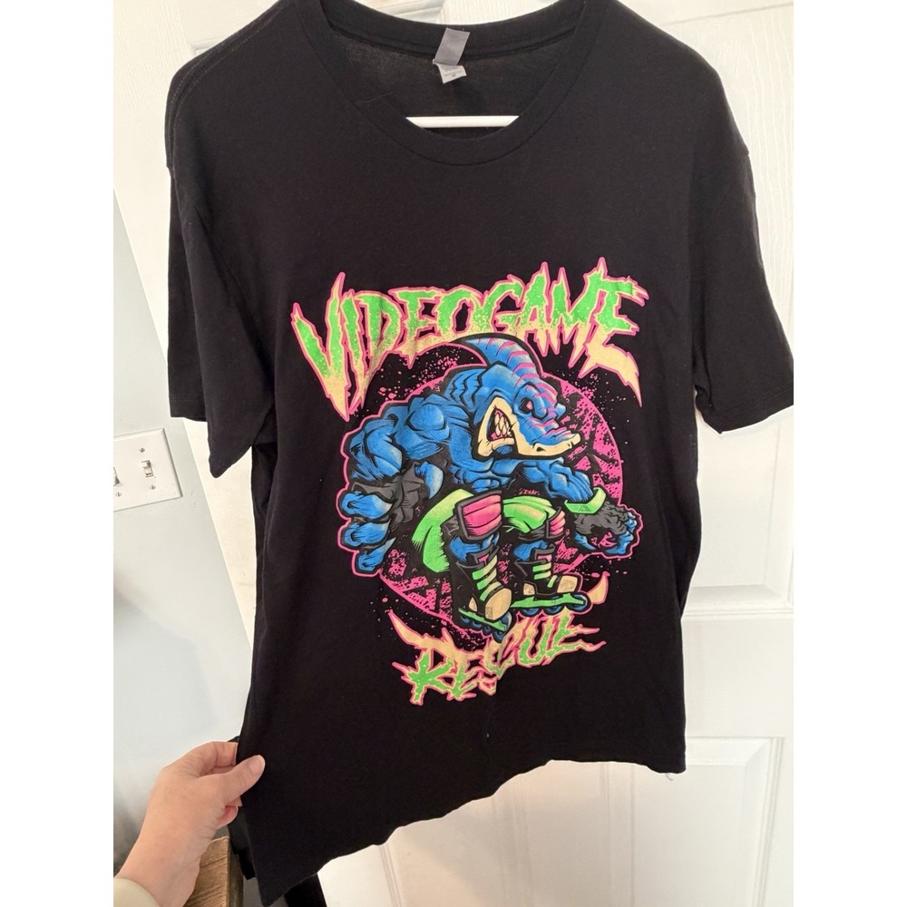 Video Game Rescue Neon Monster Shark T Shirt Mens M Black Retro 90s